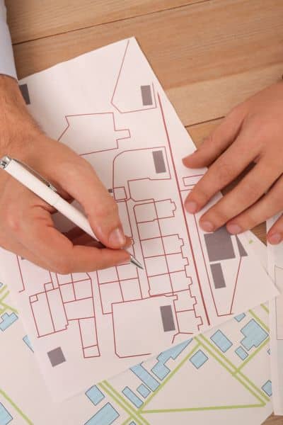 Reviewing property survey maps and parcel outlines to understand zoning and development potential