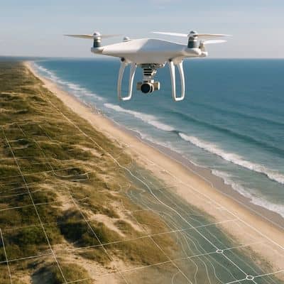 Drone land surveying capturing detailed coastal mapping data with GIS-style grid and contour overlays along the shoreline