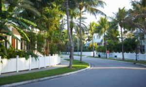 property line survey residential miami homeowners - ALTA SURVEY Miami Residential Miami neighborhood with white fences and palm trees, representing the importance of a property line survey for homeowners.