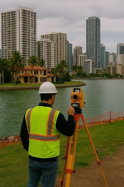  licensed land surveyor in Miami conducting ALTA survey for waterfront high-rise property
