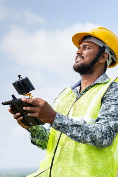 Contractor in safety gear operating a drone controller for aerial land surveying on a construction site
