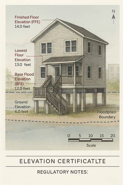 Diagram showing a home’s finished floor, lowest floor, and base flood elevation to explain how a flood elevation survey measures flood risk
