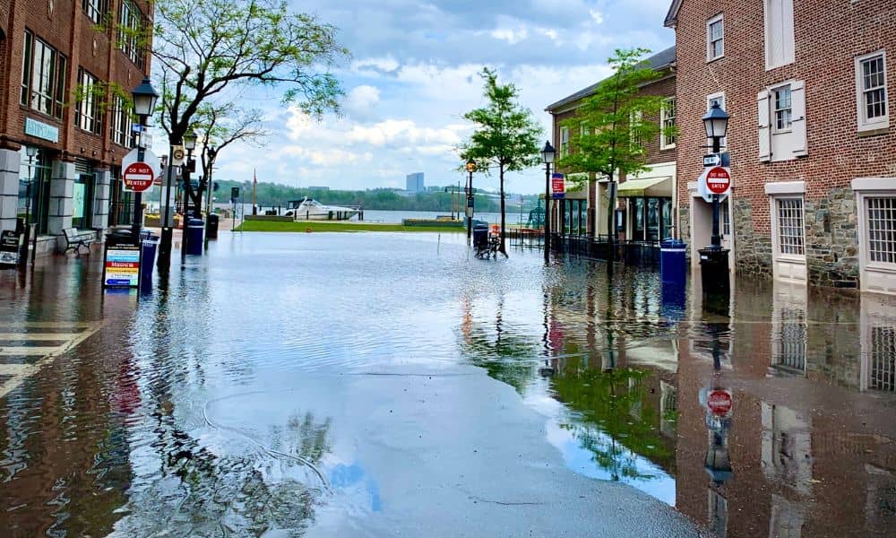 A flooded street near buildings showing why a flood elevation survey is important for property safety