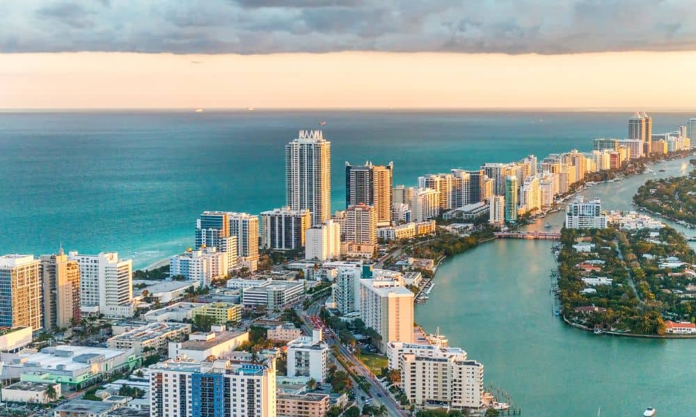 Aerial view of Miami’s coastal commercial properties showing flood risk conditions that highlight the need for an ALTA land survey