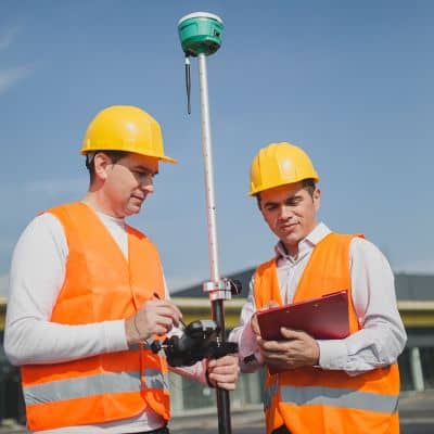 Licensed land surveyors performing precise field measurements as part of an ALTA land survey for a commercial property
