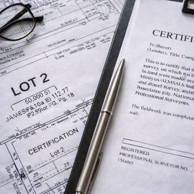 Close-up of ALTA survey certification documents reviewed by a commercial property surveyor during a real estate transaction