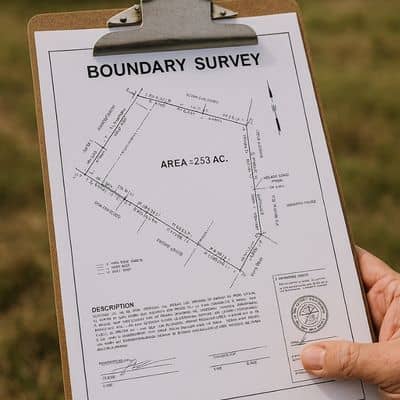 Boundary survey document on clipboard - ALTA SURVEY Miami Detailed boundary survey document reviewed on-site as property owners search for land surveyors in my area