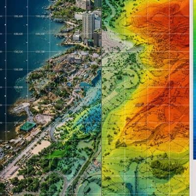 Classified point cloud elevation analysis vertical model - ALTA SURVEY Miami Classified point cloud and elevation model showing terrain analysis and coordinate grid, demonstrating lidar mapping accuracy and data validation for development projects