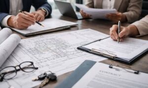 Commercial closing documents review meeting - ALTA SURVEY Miami Commercial property surveyor reviewing ALTA certification documents during a commercial real estate closing meeting