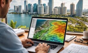 Developer reviewing 3d terrain model coastal city - ALTA SURVEY Miami Developer reviewing a 3D terrain model on a laptop during a planning meeting, illustrating lidar mapping for land development decisions