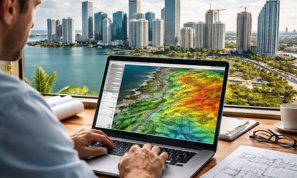 Developer reviewing a 3D terrain model on a laptop during a planning meeting, illustrating lidar mapping for land development decisions