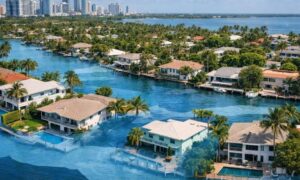 Flood zone aerial view - ALTA SURVEY Miami Aerial view of waterfront homes highlighting mapped flood zone areas where a land survey company verifies elevation and property boundaries