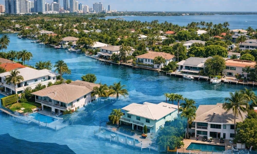 Aerial view of waterfront homes highlighting mapped flood zone areas where a land survey company verifies elevation and property boundaries