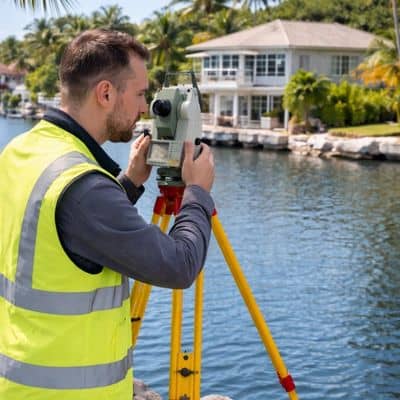 Surveyor measuring elevation near a waterfront home to verify flood zone details through a professional land survey company