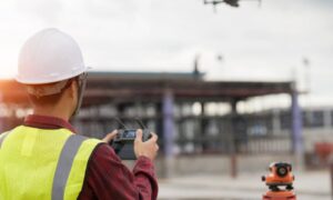 Drone land survey construction site - ALTA SURVEY Miami Surveyor flying a drone to map land at a construction site where surveying companies measure property details before development begins