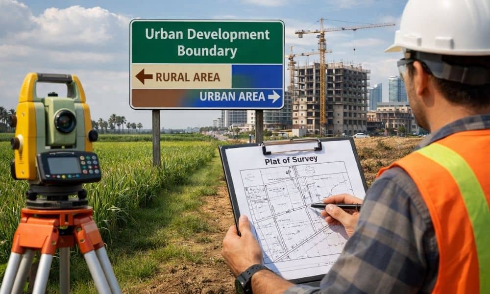 Realistic view of a surveyor measuring land and marking property boundaries with a map overlay of urban development areas