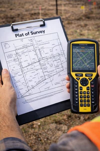 Surveyor reviewing a detailed land plat with measuring equipment, showing property boundaries and measurements for accurate plat of survey