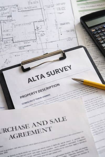 A professional reviewing a property map on a tablet outdoors, showing property boundaries and measurements, illustrating an ALTA survey for buyers