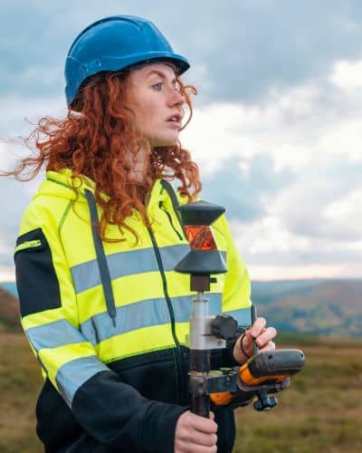 Local surveyor using GPS equipment in the field to measure land and assess property boundaries for development