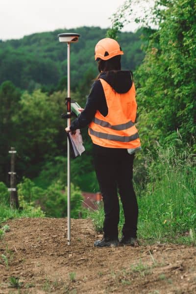 Cadastral surveyor measuring property boundaries using GNSS surveying equipment