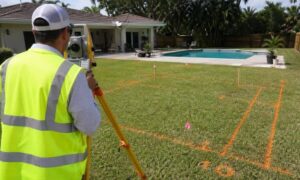 Residential surveyor marking a backyard before a pool is built