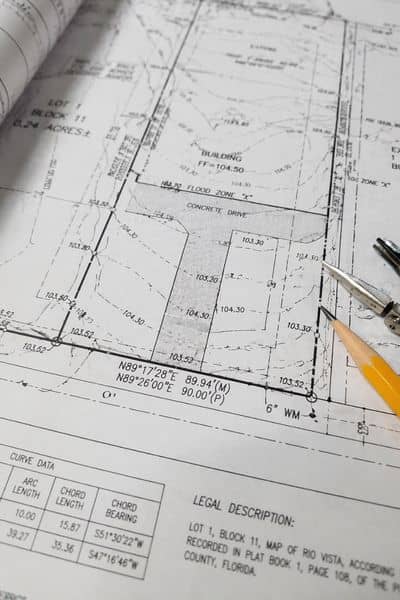 Close up of detailed construction blueprint showing measurements and site layout used in as built surveys for final inspection documentation