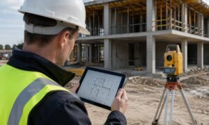 Surveyor comparing digital plans with real construction site conditions during inspection for as built surveys in a modern building project