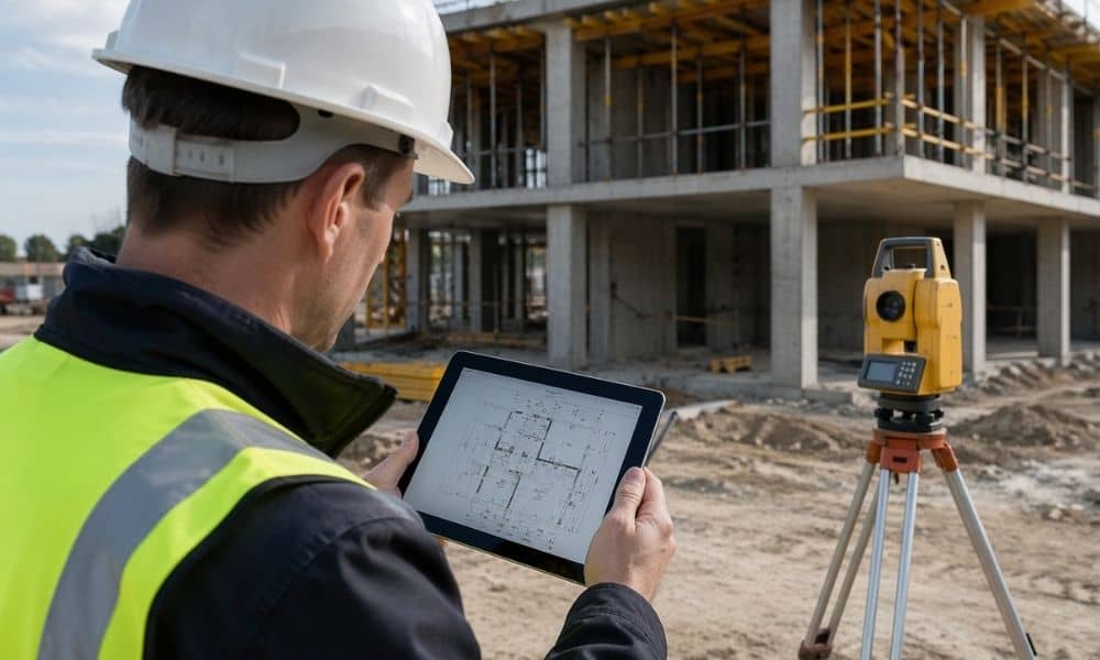 Surveyor comparing digital plans with real construction site conditions during inspection for as built surveys in a modern building project
