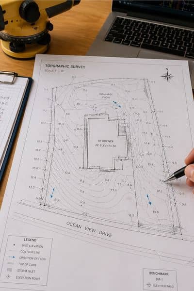 Property contour map with elevation lines and grading details used to plan drainage and building layout