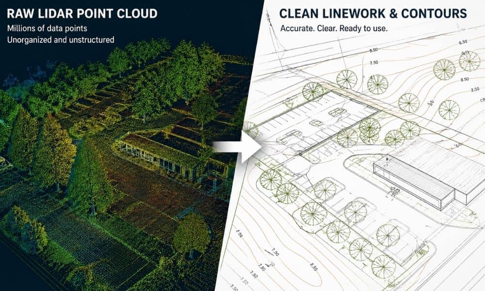 Comparison of raw lidar point cloud data and a cleaned site plan with contours and linework ready for design
