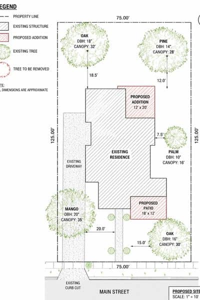Survey mapping overlay showing proposed construction layout compared with existing trees and property boundaries for permit review