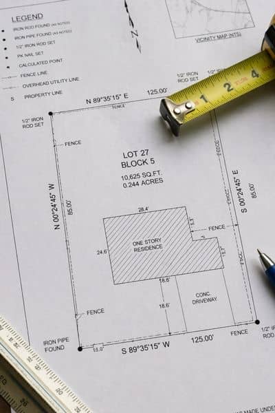 Property boundary survey map with lot lines and measurements for a residential property