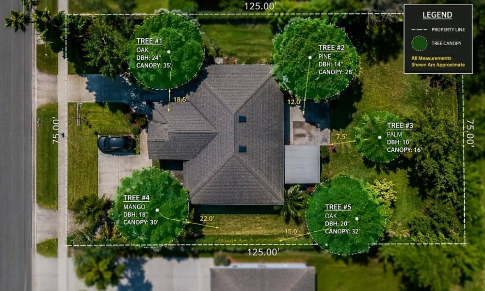 Survey mapping showing a residential property with labeled trees, boundaries, and layout used for a tree permit review