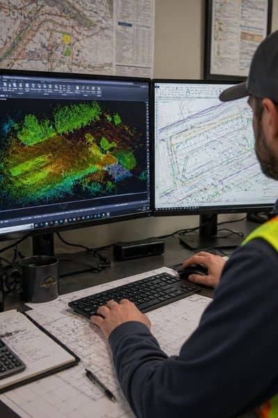 Surveyor reviewing lidar data on dual monitors, comparing a point cloud with a cleaned site plan for design work