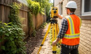 Tight urban survey lot - ALTA SURVEY Miami Land surveyor working in a narrow residential space between houses showing how tight site conditions can affect boundary survey cost