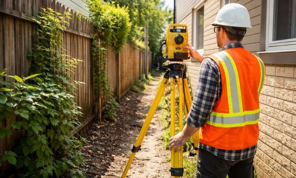 Tight urban survey lot - ALTA SURVEY Miami Land surveyor working in a narrow residential space between houses showing how tight site conditions can affect boundary survey cost