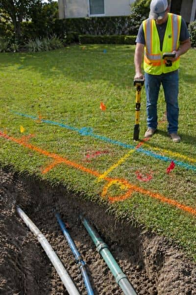 Residential surveyor marking underground utilities before a pool is built