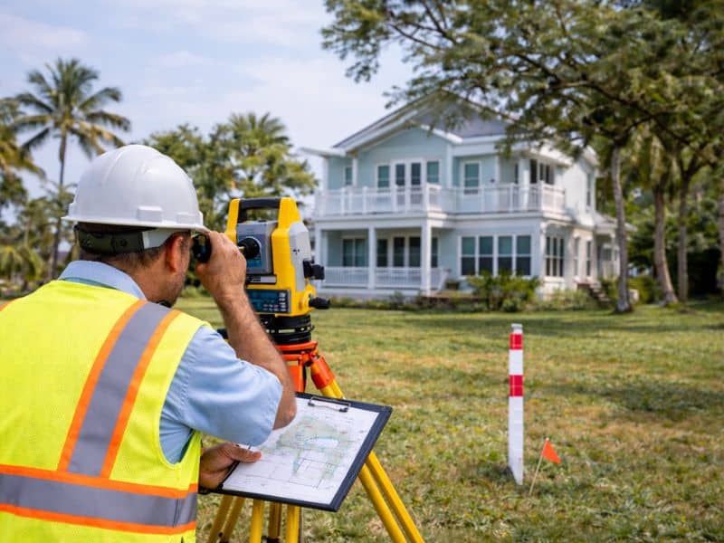 Surveyor performing a lot survey on a residential property in Miami, FL to verify boundaries and setbacks