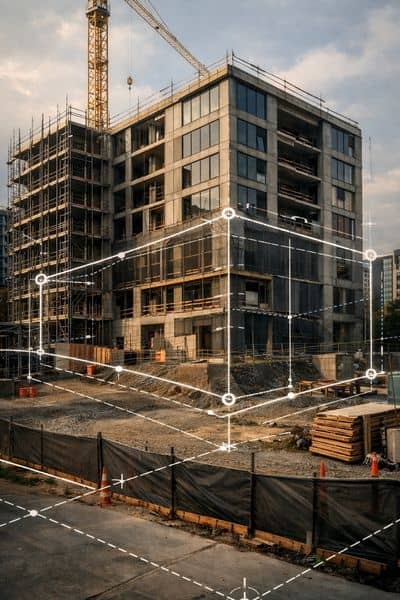 Office building under construction being converted into apartments with ALTA survey overlay showing property boundaries and easements