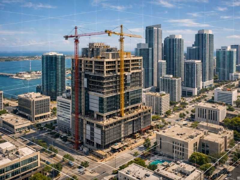 Miami office building being converted into apartments with construction cranes and ALTA survey overlay showing property boundaries and site details